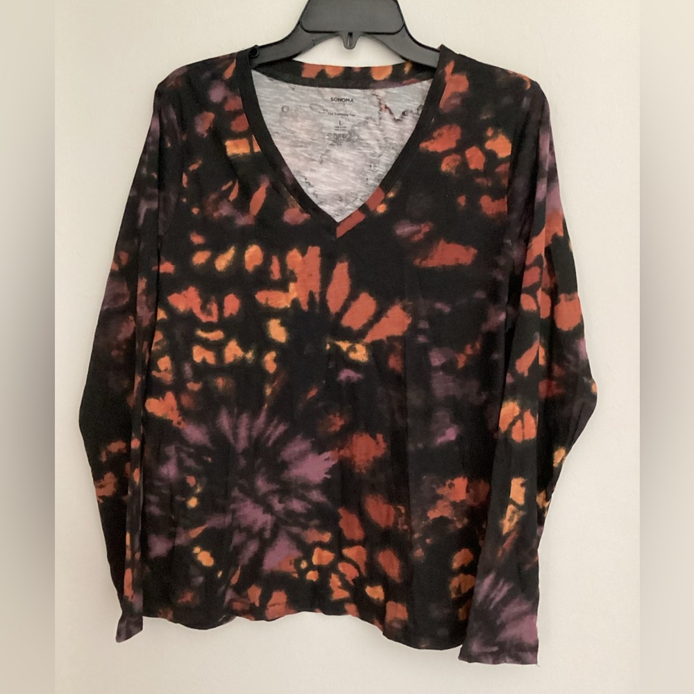 Sonoma Long Sleeve Tie-Dye V-Neck everyday Tee Black, Orange, Purple L - Picture 4 of 4